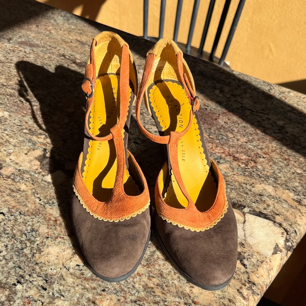 Kenneth Cole Two-Tone Brown and Orange Suede T-Strap Heels